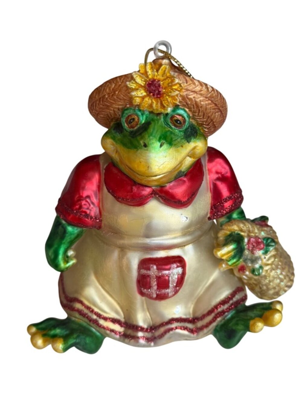 Metallic Frog w/Straw Hat Hand Blown Glass Christmas Ornament 3.75" Tall (READ)